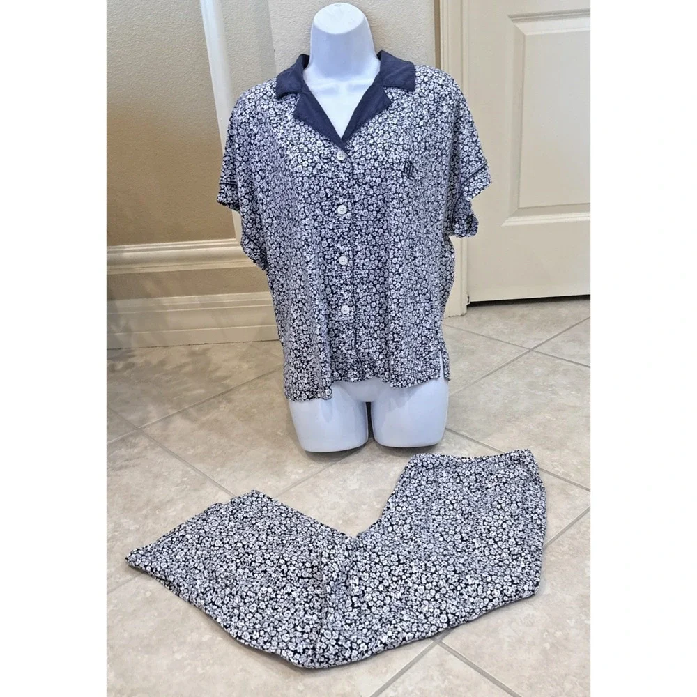 Lauren Ralph Lauren Blue & White Floral Pajama Set PJ Set Size‎ XL Loungewear